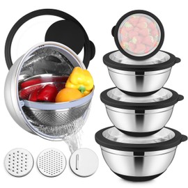 E-far Mixing Bowls with Lids Set, 15PCS Stainless Steel Mixing Nesting Bowl with Colander & 3 Metal Grater for Kitchen Prep/Baking/Storage, Non-Slip Bottom & Airtight Lid, 4.6, 3, 1.5, 1, 0.7QT, Black