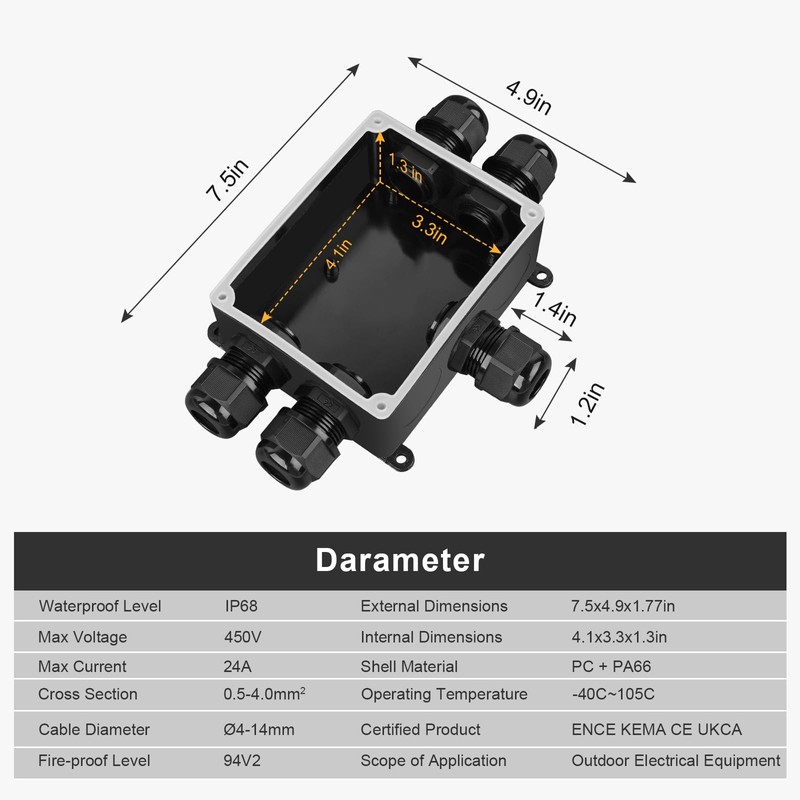 Junction Box Waterproof IP68, 5-Way Junction Box Outdoor, Surface-Mounted Cable