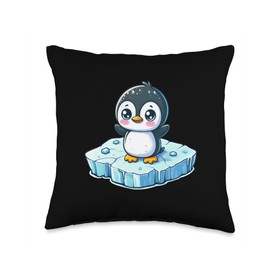 Cute Comic Penguin on Melting Ice Floe Global Warming Throw Pillow