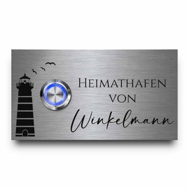 CHRISCK design - Stainless Steel Doorbell with Individual Rustproof Engraving | Bell Plate Model Winkelmann 11 x 6 cm with Name and LED Bell Push | Large Choice of Designs
