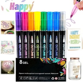 8PCS Double Line Outline Pens,Coloring Lightstick Graffiti Highlighter Pens,Metallic Outline Markers Pens,Colouring Pens for Adults,Highlighters Pens,Glass Pens for Glass Painting,Metallic Marker Pens