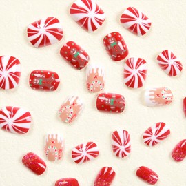 Cute Cartoon Christmas Press on Nails Short Square Winter False Nails Glossy Xmas Acrylic Glue on Nails for Women Girls