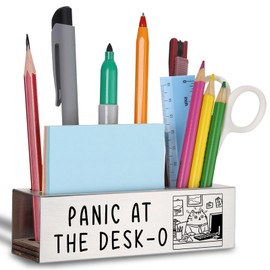 WINOESHE Stainless Steel Pencil Holder with Panic At The Desk-O & Cat Design, Humorous Office Gift for Coworker, Funny Desk Organizer for Office Mate HUE22