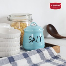 HAOTOP Salt Bowls with Lid and Spoon -12 oz Ceramic Salt Cellar, Salt Containers, Spice Box for Counter, Farmhouse Kitchen Decor, Beige