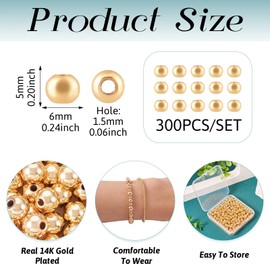300 Pcs 14K Gold Spacer Beads 6 mm Round Gold Beads Smooth Gold Metal Beads Seamless Ball Beads Bracelet Spacer Beads for Women Layered Bracelet Necklace Jewelry Making