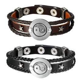 Flongo Leather Bracelet, Partner Bracelet, BFF Bracelets, Friendship Bracelet for 2, Bangle, Leather Cord Chain, Women / Men, Black, Brown, Tai Chi, Yin and Yang, Infinity, Eternity, Base Metal, 2 x yin yang, brown/black