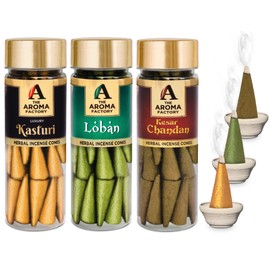 The Aroma Factory Incense Dhoop Cone for Pooja, Loban, Kasturi & Kesar Chandan (100% Herbal & 0% Charcoal) 3 Bottles x 90g