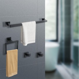 5-Piece Bathroom Hardware Set 23.6 Inch Gold Towel Bar Set Towel Bar Towel Ring Coat Hook and Toilet Paper Holder with Shelf Wall Mounted Stainless Steel Bathroom Accessories Set (Black, 5 Piece)