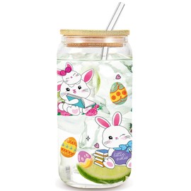 SOSAZOZA Easter Drinking Glasses, Cute Easter Bunny Gifts for Book Lovers, Book Lovers Easter Bunny Gifts, Bookish Gifts for Women, Easter Gifts, 16 oz Iced Coffee Cup with Lid, Straw, Straw Brush