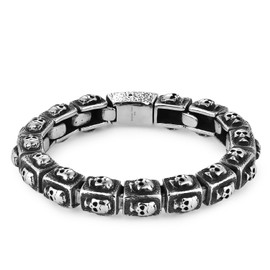 BIYONGDE Mens Gothic Skull Link Chain Bracelet, Stainless Steel Biker Chain Bracelet for Men, Punk Rock Style (Tripple Skulls Link)