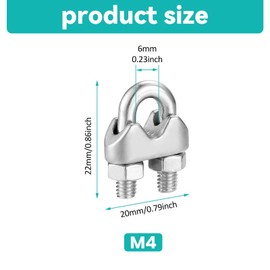 Stainless Steel Rope Clamps, Pack of 20 Bow Clamps with Lock Nuts, M4 Rope Clamp, Wire Rope Clamp, Wire Rope Clamp, 4 mm for Garden Fences, Washing Lines and Household Transport