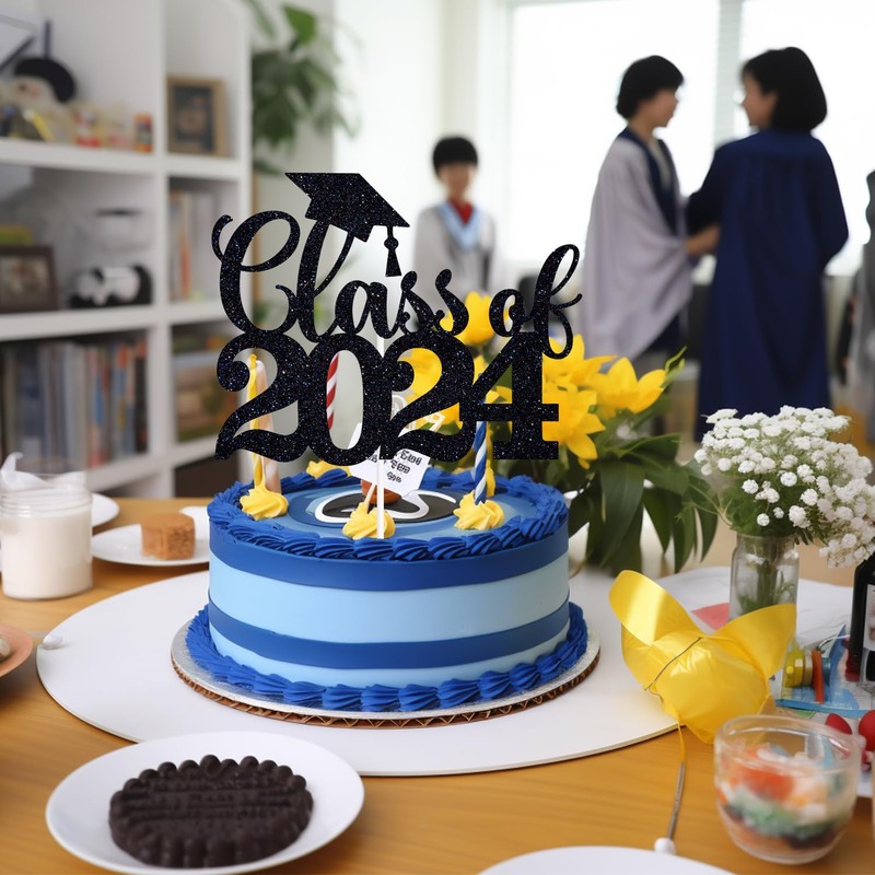 Decoración para tartas de clase 2024 con purpurina negra, con