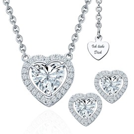 Women's Jewellery Set 925 Silver with Cubic Zirconia Heart Jewellery Set 3-Piece for Birthday Anniversary Wedding Anniversary Necklace and Earrings Set "I Love You" Romantic Gift Idea for Women