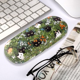 PERFECTSIGHT Hard Shell Eyeglasses Case, PU Leather Protective Glasses Case, Cute Eyeglass Case for Women Men Girls (Green Cats)