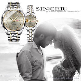 JewelryWe Couple Watches Gift Set: Romantic Pair His and Hers Wrist Watches Gray Analog Quartz Dress Waterproof Luminous Calendar Casual Men Women Lovers Wedding Wristwatch