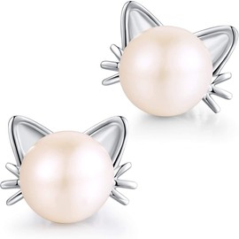 Jiahanzb Cat Pearl Stud Earrings 5A Freshwater Cultured Shell Pearl Stud Earrings 925 Sterling Silver jewellry for Women