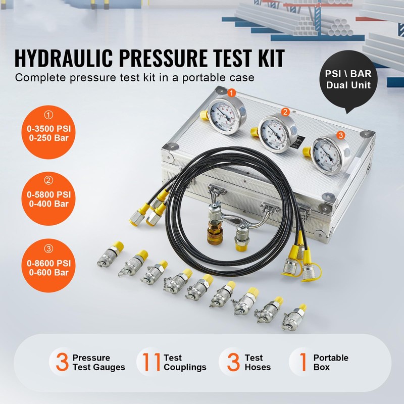 Hydraulic Pressure Test Kit, 250/400/600bar, 3 Gauges 11 Test Couplings