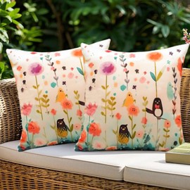 Virexen Outdoor Waterproof Throw Pillow Covers 18x18 Inch Pack of 2 Spring Floral Throw Pillow Covers Outdoor Pillows for Patio Furniture Garden, Flowers B (No Pillow Insert)
