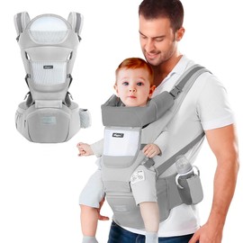 Raganet, Mochila Portabebés Multiusos, Cangurera de Bebé, Cabestrillos Portabebés, Soporte Firme para Bebé, 100% Poliester, Correar Ajustables y Acolchonadas, 3 Cinturones de Seguridad (Gris)