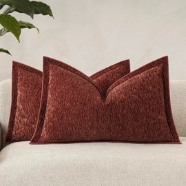 vivrudil Decorative Chenille Luxury Throw Pillow Covers with Wide Edge, Textured Lumbar Pillowcase, Soft Velvet Cushion Cover Home Décor for Couch Sofa Chair Living,12×20 Inch, Set of 2, Burgundy Red