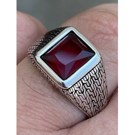 HarlemBling Solid 925 Sterling Silver - Men's Red Ruby Gemstone Ring - Great As Pinky Ring Or Signet Ring Sizes 7-13 (10)