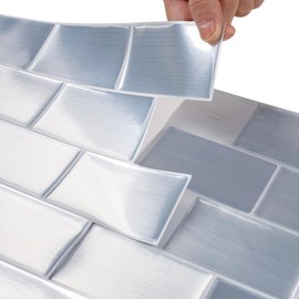 LaCheery Silver Stainless Steel Backsplash Peel and Stick for Kitchen Wall Tiles Metal Look Peel and Stick Subway Tile Backsplash Self Adhesive Bathroom Wall Tile Stickers Waterproof 4-Sheet 12"x12"