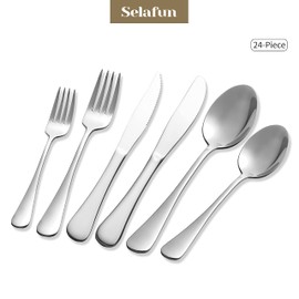 Selafun 24 Piece Silver Flatware Set.Stainless Steel Silverware Set.Titanium Plating Tableware Cutlery Set. Utensil Set for Kitchens. Dishwasher Safe(Service for 4)