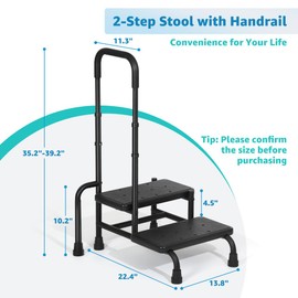CRUDATE Step Stool with Handle, 2-Step Stools and Adjustable Handrail & Non-Skid Platform for Child, Adults, Elderly, Holds up to 400 Pounds Bed Step Foot Stool for Kitchen, Bedside, RV Car, Bathtub
