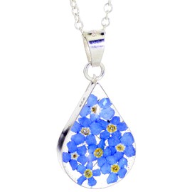 Natural Flower Jewellery Sterling Silver Medium Tear Drop Pendant Made with Real Forget Me Nots