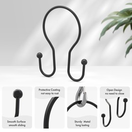 AmazerBath Shower Curtain Hooks, Black Shower Curtain Rings, Simple Double Hook Shower Curtain Hooks Rust Proof, Smooth Sturdy Metal Shower Hooks for Shower Curtain Rod, 12 Pcs Shower Rod Hooks