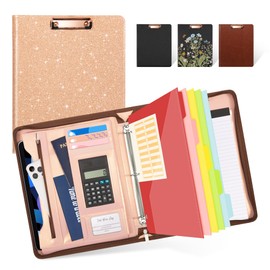 Ospelelf Clipboard with Storage, 3 Ring Binder with Zipper, Leather Padfolio Portfolio Folder, Calculator, 12.1” Tablet Sleeve, 5 Dividers with Pocket|Refillable Notepad, Card Slot (Rose Gold)