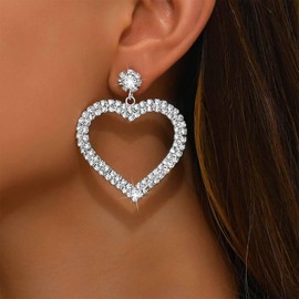 Jugielu Boho Rhinestone Heart Dangle Earrings Hollow Cz Heart Earrings Large Crystal Hearts Drop Earring Silver Crystal Stud Earring Sparkling Love Jewelry for Women