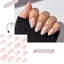 Medium Press on Nails Almond Shaped Fake Nails Nude Pink Acrylic Glue on Nails Five-Pointed Star False Nails with Designs Gloss Stick on Nails Reusable Artificial Nails for Women Girls 24Pcs