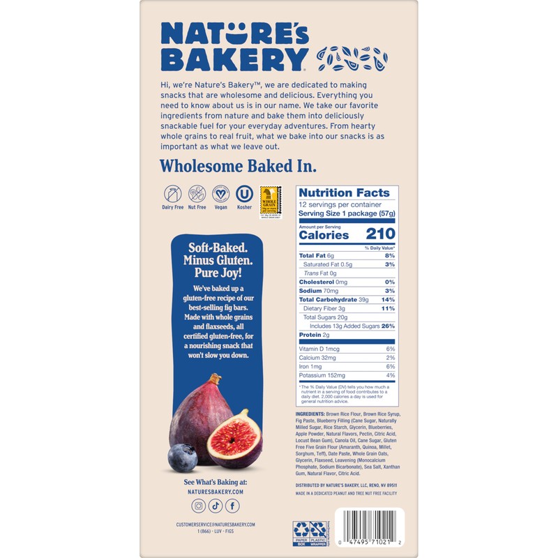 Nature's Bakery Gluten Free Fig Bars, Blueberry, Real Fruit, Vegan,