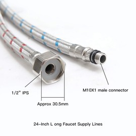 BWE 24-Inch Long Bathroom Kitchen Faucet Connector Braided Stainless Steel Supply Hose 1/2-Inch Female Compression Thread x M10 Male Connector, x 2 Pcs (1 Pair)