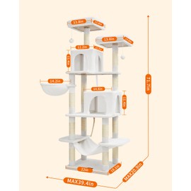 Taoqimiao Cat Tree, 71.7-Inch Cat Tower for Indoor Cats, Plush Multi-Level Cat Condo with 13 Scratching Posts, 2 Perches, 2 Caves, Hammock, 2 Pompoms,MS013LC Cream White