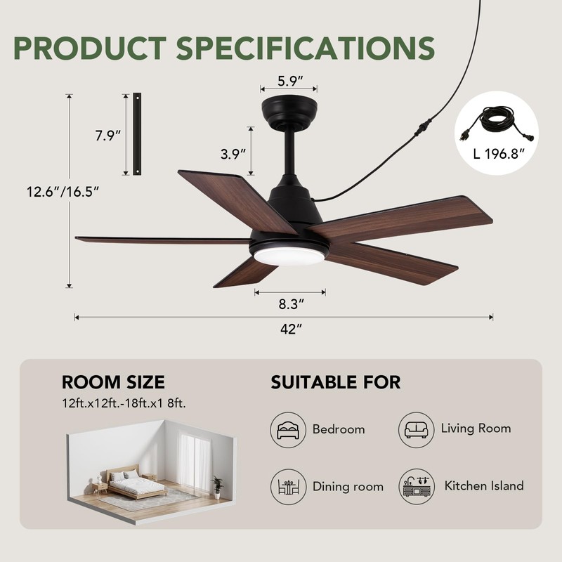 SPACORA 42 Inch Ceiling Fan with Light, Black Ceiling Fans