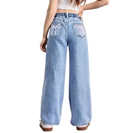 WDIRARA Girl's Bow Print Back Zipper Fly Elastic High Waist Denim Pants Basic Wide Leg Jeans Blue 10Y