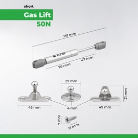 ATM® Gas Pressure Damper for Furniture and Flap Fronts | Short, 180 mm | Adjustable Damper | Opening Angle 90° | Soft and Quiet Function | Robust Construction | Pack of 4 | Force: 50N