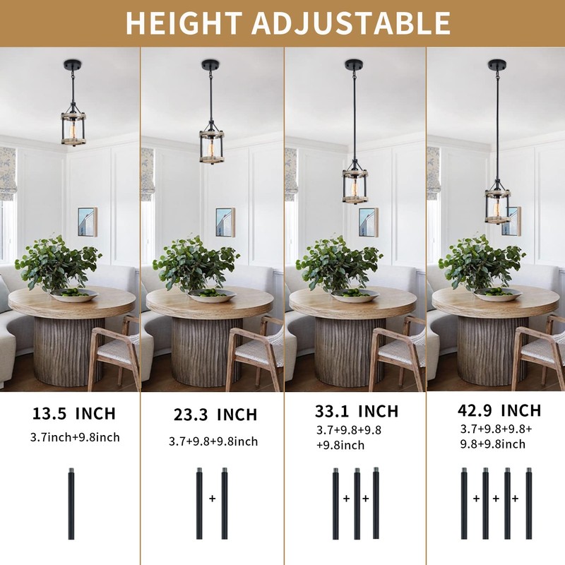 Ejerlya Farmhouse Pendant Light, Rustic White Wood and Metal Cage