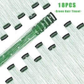 Nielp 18 Pcs Hair Tinsel Clip in, 20.5 Inch Glitter Tinsel Hair Extensions, Shiny Sparkling Fairy Hair Tinsel Clips, Dazzling Party Hair Accessories for Girls Women Kids (Green)