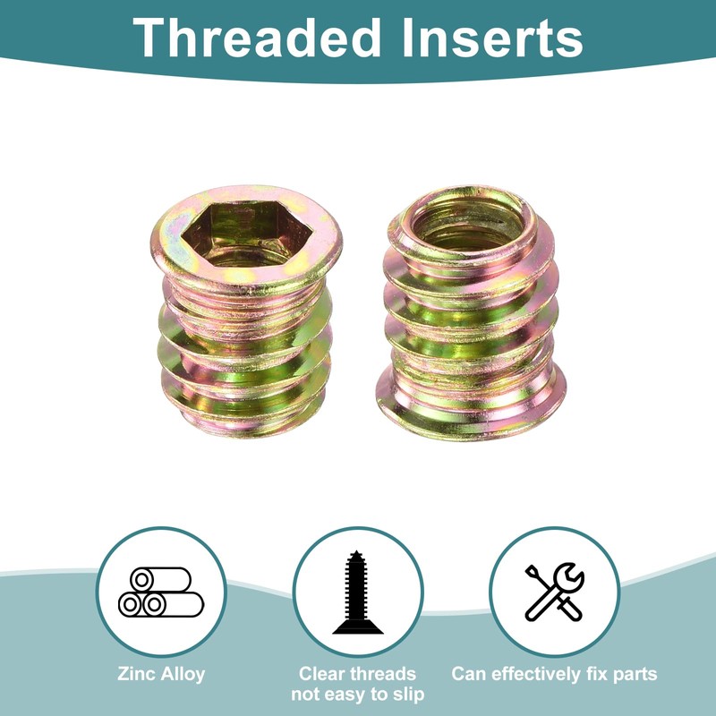 sourcing map 100Pcs Threaded Inserts, M8-1.25x15 Zinc Alloy Hex Socket