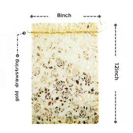 QIANHAILIZZ 8 x 12 Inch 100 Drawstring Heart Flower Bags Organza Jewelry Gift Pouch Candy Pouch Drawstring Wedding Favor Bags (gold flower)