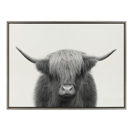 Kate and Laurel Sylvie Hey Dude Highland Cow BW Framed Linen Textured Canvas Wall Art by The Creative Bunch Studio, 28x38 Gray, Chic Farm Animal Art for Wall