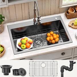 SYNTHACY Drop In Kitchen Sink 28 x 18 x 10in, Stainless Steel Nano Gunmetal Black Single Bowl Handmade Top Mount Countertop Sink w/Grid for Workstation, Home Kitchen, Bar