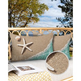 Summer Coastal Outdoor Throw Pillow Cover Ocean Starfish Shells on Beach Waterproof Cushion Covers 2 Pack Welcome Texts Pillow Cases Home Decoration for Patio Garden Couch Sofa 20x12In