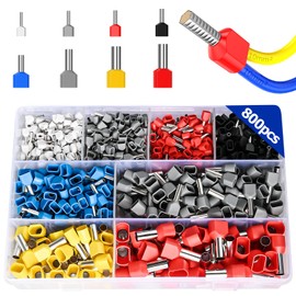 Preciva 800PCS Twin Bootlace Ferrules,0.5-10mm²Dual Terminals Kit,Crimp Connectors,All Brass Core Wire Terminal Connector
