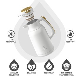 IDEUS 68 oz Stainless Steel Thermal Coffee Carafe, Double Wall Insulated Vacuum Flask, Water Coffee and Beverage Dispenser, 12 Hour Heat 24 Hour Cold Retention (White Gold)