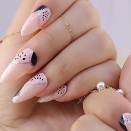 Marble Press on Nails Almond Glitter Fake Nails Medium Length Glue on Nails Almond Shape Nails Stick on with Gel Nail Glue Fashion Black Leaves Style False Nials for Women Girls, Pink&Black Leaves