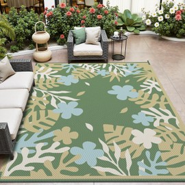 MontVoo Outdoor Rug-Waterproof Camping Rug Patio Rug Mat 6x9 ft Reversible Plastic Straw Outside Outdoor Rug for RV Camping Picnic Beach Balcony Backyard Pool Porch Farmhouse Floral Colorful Green